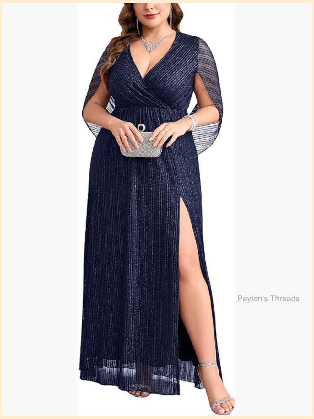 Plus Size Sparkly Formal Dress Cape Sleeve V Neck A Line Maxi Evening Gown